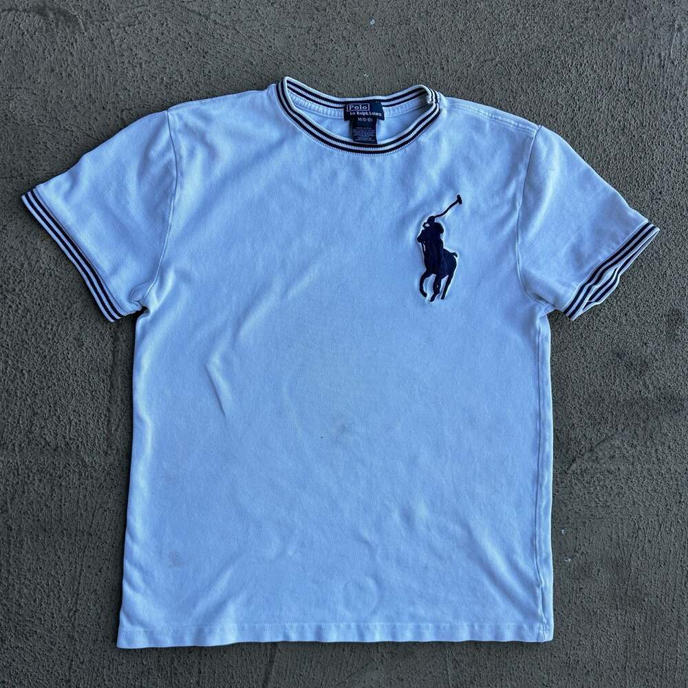 Polo Ralph Lauren Boys White T-Shirt with Navy Stripe Ribbed Trim Big Pony Logo